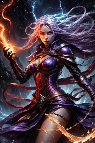 medusa,medusa gorgon,monsoon banner,fire background,lightning,elza,voltage,venera,cg artwork,dark elf,lightning storm,violet,sorceress,fire siren,wall,libra,electro,zodiac sign libra,purple wallpaper,lightning strike