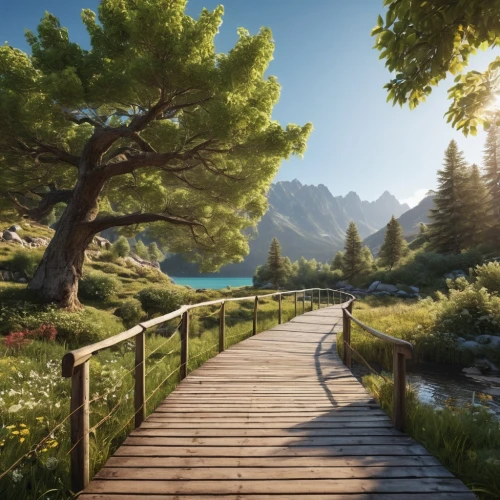 wooden path,pathway,forest path,wooden bridge,hiking path,idyllic,the mystical path,landscape background,walkway,the path,scenic bridge,salt meadow landscape,tree top path,tree lined path,green valley,nature landscape,full hd wallpaper,elven forest,mountain valley,walk in a park,Photography,General,Realistic