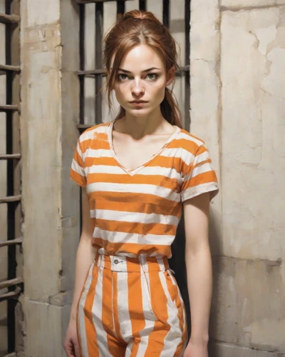 prisoner,horizontal stripes,orange,stripes,striped,pippi longstocking,jumpsuit,striped background,torn dress,liberty cotton,detention,clementine,russian doll,orange color,orange robes,raggedy ann,mime,bright orange,orange half,prison,Digital Art,Character Design