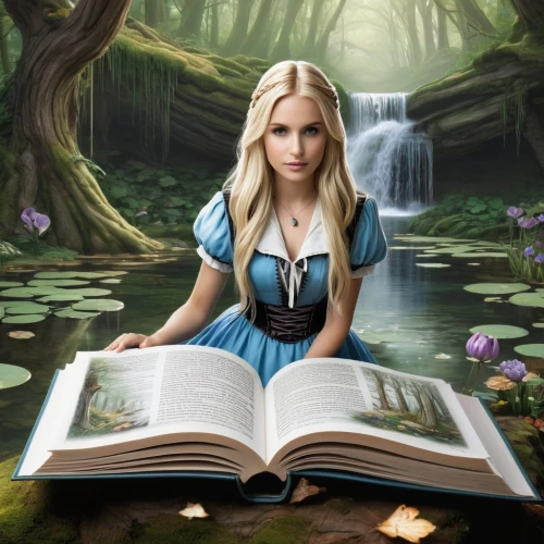 alice in wonderland,fantasy picture,fairy tale character,fairy tales,magic book,fairytales,the blonde in the river,alice,fairy tale,children's fairy tale,fantasy art,a fairy tale,little girl reading,mystical portrait of a girl,wonderland,fairytale,fantasy portrait,blonde woman reading a newspaper,turn the page,fairytale characters,Conceptual Art,Fantasy,Fantasy 30