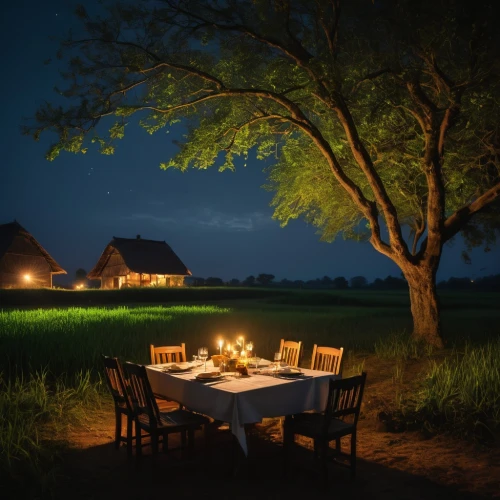 romantic dinner,fine dining restaurant,outdoor dining,landscape lighting,candle light dinner,dinner for two,romantic night,outdoor table,outdoor table and chairs,tablescape,place setting,thai cuisine,outdoor cooking,romantic scene,table arrangement,table setting,rajasthani cuisine,evening atmosphere,dining,chair in field,Photography,General,Fantasy