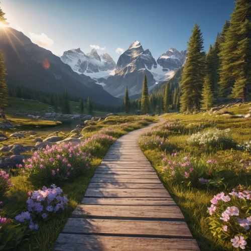salt meadow landscape,alpine meadow,wooden path,mountain meadow,hiking path,pathway,the mystical path,meadow landscape,alpine meadows,forest path,nature landscape,beautiful landscape,landscape background,the way of nature,the valley of flowers,the path,meadow and forest,meadow rues,mountain landscape,fantasy landscape,Photography,General,Realistic