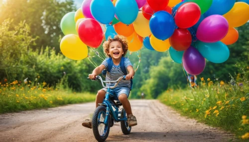 little girl with balloons,colorful balloons,kids' things,bike kids,children's background,inner child,rainbow color balloons,world children's day,party bike,girl with a wheel,bicycles--equipment and supplies,bicycling,bicycle riding,children's day,training wheels,cycling,balloon trip,bicycle ride,little girl in wind,leaving your comfort zone,Photography,General,Fantasy