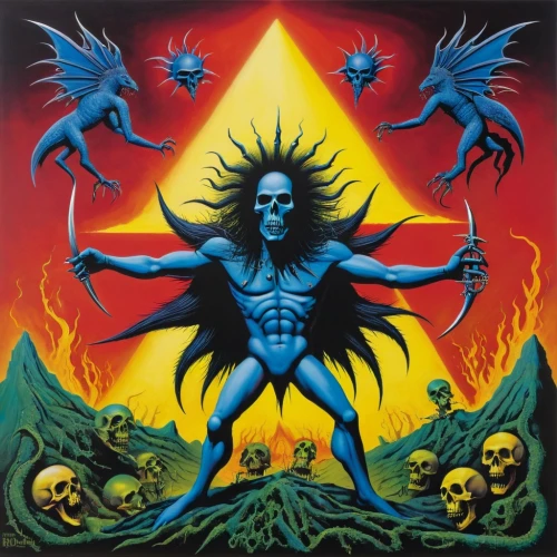 death angel,thrash metal,blue demon,dance of death,death's-head,death god,testament,kali,occult,pentagram,pagan,blackmetal,angel of death,diablo,days of the dead,el salvador dali,shamanic,lucifer,1982,album cover,Art,Artistic Painting,Artistic Painting 33