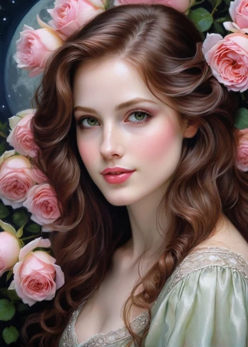 romantic portrait,fantasy portrait,romantic rose,wild roses,rosa 'the fairy,mystical portrait of a girl,victorian lady,rose flower illustration,wild rose,girl in flowers,faery,beautiful girl with flowers,hedge rose,fantasy art,rosa,blooming roses,rose wreath,fairy tale character,scent of roses,rose blossom,Illustration,Realistic Fantasy,Realistic Fantasy 16