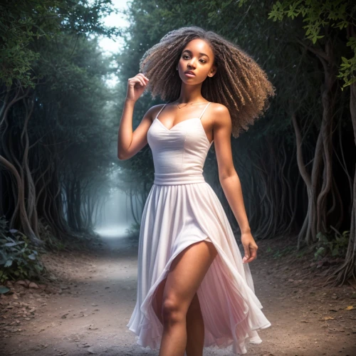 ballerina in the woods,girl in a long dress,tiana,african american woman,portrait photography,girl in white dress,faerie,mystical portrait of a girl,a girl in a dress,fusion photography,beautiful african american women,portrait photographers,in the forest,fairy queen,maria bayo,black woman,dryad,ethiopian girl,enchanting,enchanted forest
