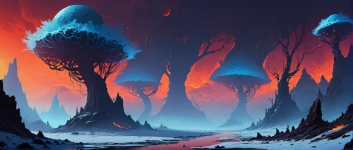 ice planet,mushroom landscape,fantasy landscape,barren,ice landscape,alien world,alien planet,futuristic landscape,winter forest,volcanic landscape,lunar landscape,fractal environment,dead vlei,northrend,ghost forest,fire planet,ice castle,snow trees,scorched earth,volcanic field,Conceptual Art,Sci-Fi,Sci-Fi 12