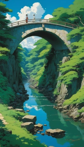 studio ghibli,scenic bridge,bridge,dragon bridge,idyllic,stone bridge,japan landscape,wooden bridge,idyll,angel bridge,love bridge,hangman's bridge,riverside,summer day,old bridge,torii,river landscape,devil's bridge,scenery,bridges,Illustration,Japanese style,Japanese Style 14