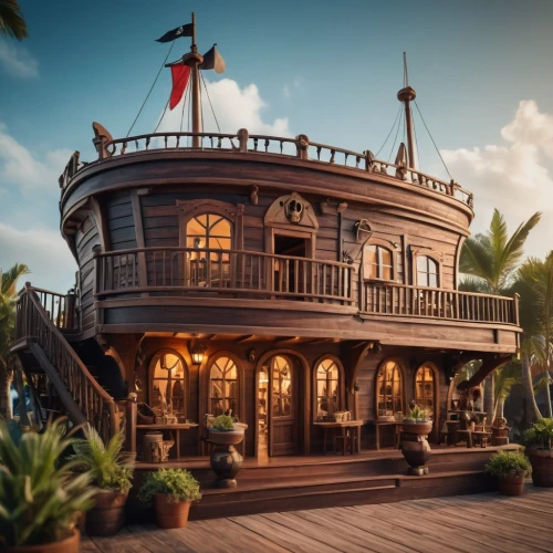 pirate ship,popeye village,galleon ship,houseboat,house of the sea,sea fantasy,caravel,wild west hotel,pirate treasure,stilt house,manila galleon,treasure house,galleon,riverboat,monkey island,floating restaurant,florida home,house by the water,treehouse,stilt houses,Photography,General,Cinematic