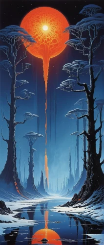 mushroom landscape,fire planet,eruption,volcano,volcanism,mushroom cloud,mushroom island,solar eruption,volcanic,lava,meteor,nuclear explosion,alien world,the eruption,ice planet,alien planet,magma,barren,volcanic eruption,orange,Conceptual Art,Sci-Fi,Sci-Fi 21