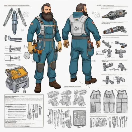 aquanaut,dry suit,coveralls,tradesman,mechanic,socket wrench,builder,engineer,gunsmith,ironworker,lumberjack pattern,construction set toy,cover parts,blue-collar worker,raft guide,craftsman,tool belts,vax figure,surveyor,sea scouts,Unique,Design,Character Design