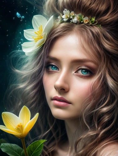 faery,faerie,elven flower,dryad,flower fairy,starflower,fantasy portrait,mystical portrait of a girl,girl in flowers,little girl fairy,fantasy art,fairy queen,beautiful girl with flowers,flower background,yellow rose background,rosa 'the fairy,fantasy picture,fae,garden fairy,fairy