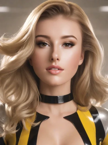 yellow and black,kryptarum-the bumble bee,bumble bee,realdoll,bumblebee,bee,bumble-bee,wasp,xmen,barbie,aurora yellow,x-men,wu,heath-the bumble bee,sprint woman,yellow background,canary,doll's facial features,blonde woman,yellow