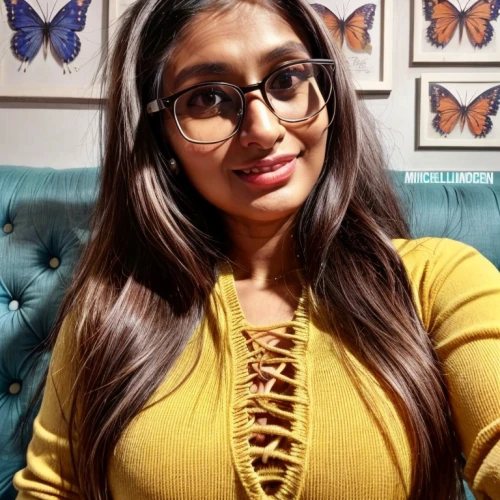 with glasses,chetna sabharwal,kamini kusum,kamini,pooja,humita,indian girl,neha,amitava saha,silver framed glasses,indian,yellow background,lace round frames,glasses,yellow butterfly,specs,veena,indian woman,yellow and black,spectacles
