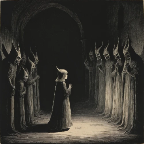 dance of death,pall-bearer,sepulchre,procession,the pied piper of hamelin,the abbot of olib,hall of the fallen,dark art,catacombs,orator,clergy,the nun,horn of amaltheia,priestess,benedictine,druids,hinnom,of mourning,dark gothic mood,burial ground,Illustration,Black and White,Black and White 23
