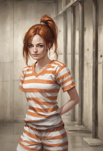 prisoner,prison,detention,queen cage,arbitrary confinement,harley quinn,pajamas,action-adventure game,horizontal stripes,harley,clary,orange,nora,clementine,fool cage,mary jane,handcuffed,criminal,pjs,orange robes,Digital Art,Character Design