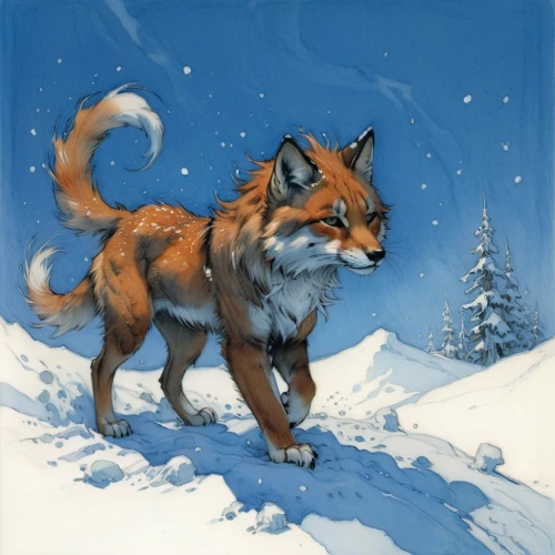 christmas fox,winter animals,christmas snowy background,in the snow,vulpes vulpes,snowy,snow scene,snowshoe,winter background,canidae,redfox,tundra,a fox,watercolour fox,red fox,little fox,siberian,fox,firestar,snow drawing,Illustration,Paper based,Paper Based 17