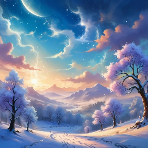 snow landscape,snowy landscape,winter landscape,winter background,fantasy landscape,snow scene,winter dream,landscape background,christmas snowy background,ice landscape,winter forest,fantasy picture,winter magic,winter sky,christmas landscape,purple landscape,snowy mountains,fragrant snow sea,infinite snow,snow trees,Illustration,Realistic Fantasy,Realistic Fantasy 01