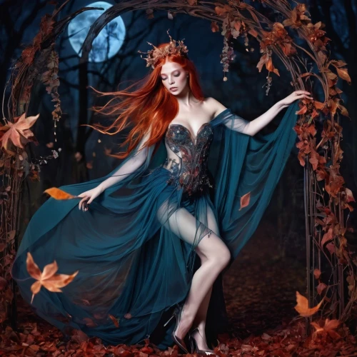 faerie,faery,fairy queen,fantasy picture,rusalka,blue enchantress,fairy tale character,autumn theme,ballerina in the woods,fantasy art,dryad,sorceress,autumn background,the enchantress,the autumn,autumn idyll,fallen leaves,pumpkin autumn,fae,enchanted forest,Illustration,Realistic Fantasy,Realistic Fantasy 37