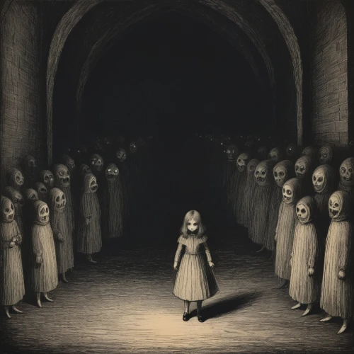 the pied piper of hamelin,the little girl,dark art,pierrot,girl praying,procession,audience,girl walking away,apparition,it,chorus,catacombs,pied piper,scared woman,little girls walking,orphans,haunting,the magdalene,album cover,a dark room,Illustration,Black and White,Black and White 23