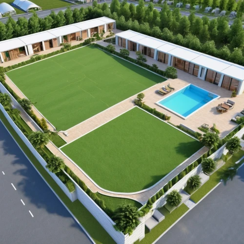 new housing development,3d rendering,artificial turf,golf lawn,artificial grass,villas,terraces,outdoor pool,golf hotel,golf resort,bendemeer estates,villa,private estate,luxury property,tennis court,dug-out pool,swimming pool,estate,holiday villa,apartments,Photography,General,Realistic