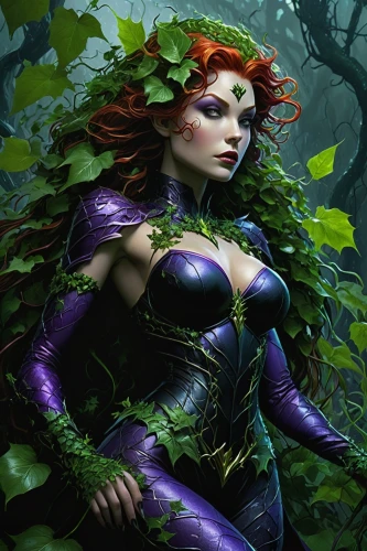 poison ivy,background ivy,dryad,the enchantress,ivy,nightshade plant,huntress,fantasy woman,deadly nightshade,starfire,patrol,sorceress,mother nature,thorns,druid,mystique,faerie,wall,fae,widow flower,Illustration,Realistic Fantasy,Realistic Fantasy 04