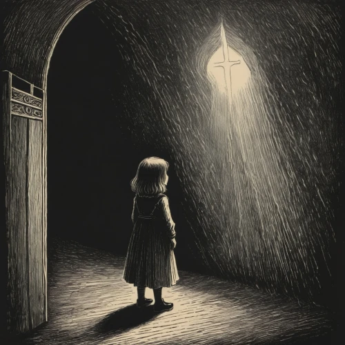 grave light,the threshold of the house,guiding light,threshold,the little girl,pilgrim,the little girl's room,lamplighter,dark art,pall-bearer,girl walking away,light bearer,hollow way,nightlight,the light,apparition,light of night,creepy doorway,penumbra,lonely child,Illustration,Black and White,Black and White 23