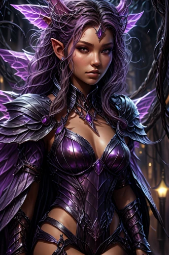 dark elf,violet head elf,sorceress,cynara,fae,evil fairy,malva,faerie,purple,the enchantress,fantasy art,dark angel,purple lilac,female warrior,fantasy portrait,fantasy woman,lavendar,dodge warlock,archangel,faery