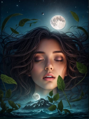 the sleeping rose,the night of kupala,moonlit night,sleeping rose,moonlit,mystical portrait of a girl,fantasy picture,fantasy portrait,dreaming,moonbeam,world digital painting,closed eyes,moonflower,rose sleeping apple,sci fiction illustration,moon night,dreams catcher,moonlight,faerie,moon and star background