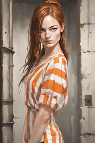 orange,prisoner,orange robes,mary jane,jumpsuit,orange color,prison,orange half,chainlink,young woman,nora,rust-orange,daphne,david bates,queen cage,portrait background,piper,digital painting,croft,woman hanging clothes,Digital Art,Character Design