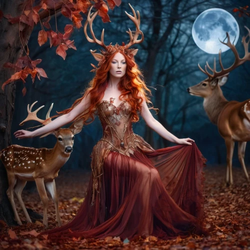faerie,faery,fantasy picture,dryad,the enchantress,faun,fantasy art,fairy queen,sorceress,enchanted forest,autumn theme,fairy tale character,fae,autumn background,autumn idyll,fairy forest,fantasy woman,autumn forest,fawns,celebration of witches,Illustration,Realistic Fantasy,Realistic Fantasy 37