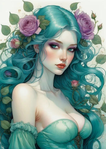 elven flower,fantasy portrait,blue rose,faery,flora,faerie,mint blossom,dryad,green mermaid scale,blue hydrangea,flower fairy,rosa 'the fairy,blue moon rose,porcelain rose,fairy queen,poison ivy,holly blue,fae,hydrangeas,hydrangea,Illustration,Realistic Fantasy,Realistic Fantasy 04