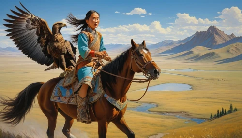 mongolian eagle,the american indian,american indian,mountain hawk eagle,cherokee,steppe eagle,falconer,pocahontas,native american,western riding,buckskin,warrior woman,amerindien,harp of falcon eastern,eagle illustration,imperial eagle,lone warrior,man and horses,cavalry,guards of the canyon,Illustration,Realistic Fantasy,Realistic Fantasy 03