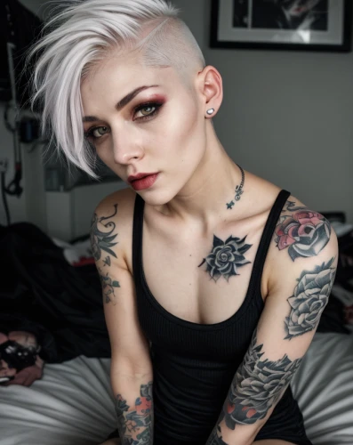 tattoo girl,pale,greta oto,cruella,tattoos,pixie cut,mohawk,tattooed,punk,cruella de ville,vampire woman,with tattoo,asymmetric cut,vampire lady,grey,rose white and red,lis,goth woman,silver fox,pink hair