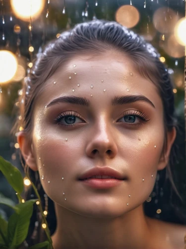 photoshoot with water,bokeh effect,bokeh,wet,portrait background,visual effect lighting,background bokeh,natural cosmetic,drops of water,water drops,dewdrops,mystical portrait of a girl,wet girl,waterdrops,women's eyes,golden rain,in the rain,dew drops,water drop,photoshop manipulation,Photography,General,Realistic