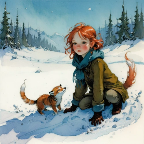 in the snow,child fox,girl with dog,little fox,snow scene,winter animals,playing in the snow,snowy,winter background,cute fox,snow drawing,adorable fox,in the winter,first snow,winter,snowfall,early winter,wintry,winter clothes,snow trail,Illustration,Paper based,Paper Based 17