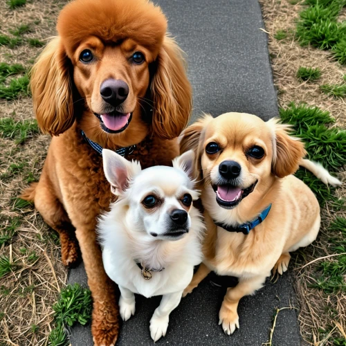 three dogs,tibetan spaniel,cavalier king charles spaniel,ginger family,color dogs,three friends,family dog,friendly three,rescue dogs,dog walker,chihuahua poodle mix,doggies,dog siblings,group photo,fall animals,long hair chihuahua,family portrait,dog command,american cocker spaniel,mixed breed,Photography,General,Realistic