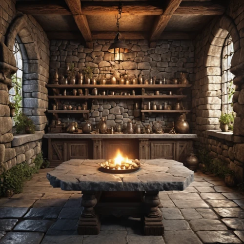 apothecary,fireplaces,stone oven,fireplace,candlemaker,masonry oven,potions,tile kitchen,wine cellar,hearth,fire place,victorian kitchen,the kitchen,wood-burning stove,collected game assets,tavern,kitchen interior,witch's house,stone lamp,kitchen,Photography,General,Realistic