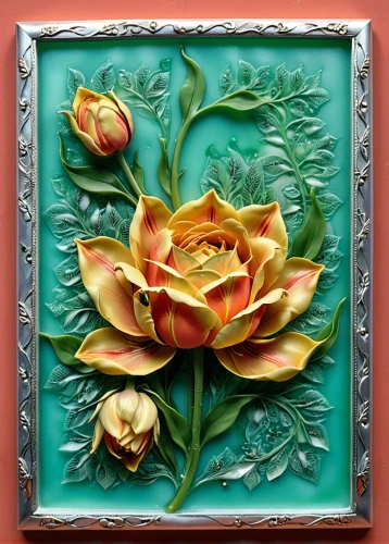 water lily plate,flower painting,floral ornament,peony frame,decorative frame,ceramic tile,floral frame,spanish tile,wall plate,flower frame,floral and bird frame,art nouveau frame,roses frame,decorative art,decorative flower,decorative plate,flower art,rose frame,glass painting,clay tile,Photography,General,Realistic