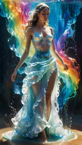 fantasy picture,fantasy art,merfolk,prismatic,fantasy woman,spectra,aquarius,rainbow background,mists over prismatic,water nymph,faerie,aura,spectral colors,magical,the festival of colors,fairy queen,firedancer,divine healing energy,blue enchantress,celtic woman,Illustration,Black and White,Black and White 09