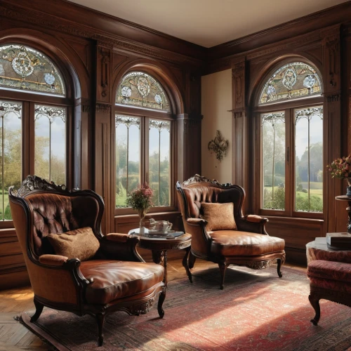 wooden windows,french windows,art nouveau frames,bay window,brownstone,sitting room,art nouveau design,window treatment,luxury home interior,ornate room,china cabinet,billiard room,chaise lounge,antique furniture,leaded glass window,family room,art nouveau,victorian style,interiors,victorian,Photography,General,Natural