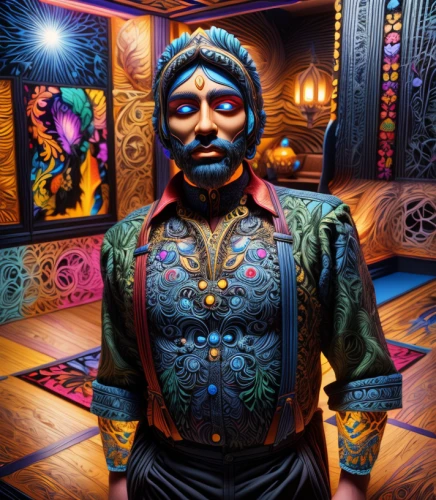 persian poet,guru,yogananda,saranka,neon body painting,vendor,fortune teller,psychedelic art,yogananda guru,pandero jarocho,black pete,turban,bodypainting,pachamama,shaman,indian drummer,taj-mahal,magus,genghis khan,astral traveler