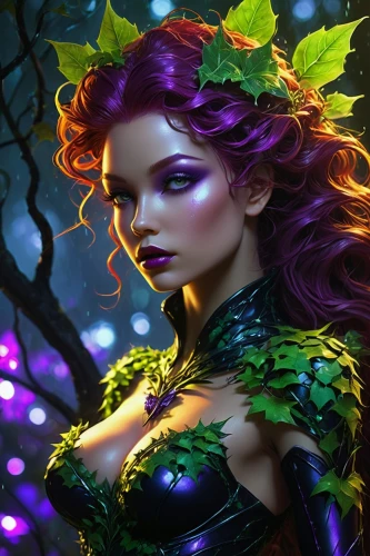 poison ivy,dryad,fae,background ivy,ivy,faerie,the enchantress,starfire,fantasy art,fantasy woman,fantasy portrait,fantasy picture,faery,deadly nightshade,patrol,sorceress,green mermaid scale,evil fairy,verbena,leaf background,Illustration,Realistic Fantasy,Realistic Fantasy 04