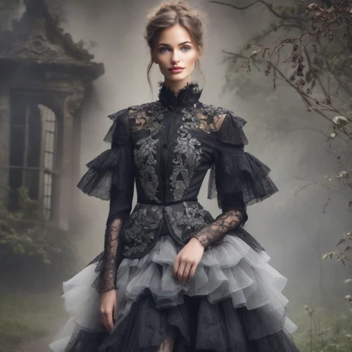 gothic fashion,gothic dress,gothic style,victorian style,gothic woman,victorian lady,dress walk black,gothic,gothic portrait,crinoline,tulle,dark gothic mood,overskirt,ball gown,bridal clothing,victorian fashion,victorian,enchanting,fairy tale character,the victorian era,Photography,Realistic