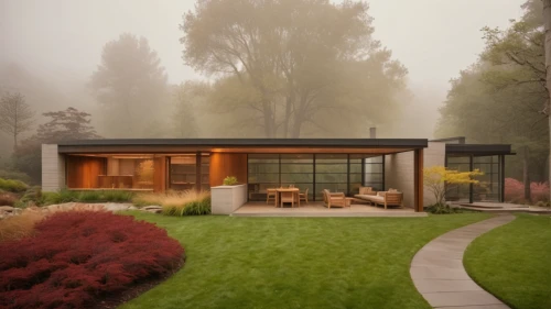mid century house,mid century modern,modern house,corten steel,foggy landscape,house in the forest,timber house,foggy day,dunes house,beautiful home,morning mist,modern architecture,morning fog,house in the mountains,bungalow,3d rendering,summer house,mid century,wooden house,ruhl house,Photography,General,Cinematic