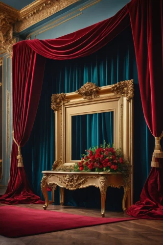 theater curtain,theatre curtains,stage curtain,theater curtains,four poster,theater stage,royal interior,the throne,theatrical property,ornate room,a curtain,theatre stage,four-poster,throne,curtain,interior decoration,rococo,napoleon iii style,grand piano,damask background,Photography,General,Fantasy