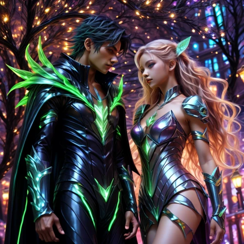 fantasy picture,cg artwork,3d fantasy,tangled,fantasy art,a fairy tale,prince and princess,fairy tale,cosplay image,couple goal,neon body painting,beautiful couple,elven forest,garden of eden,elves,fantasy,male elf,sci fiction illustration,green aurora,fantasy portrait