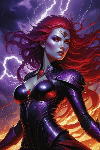 scarlet witch,starfire,darth talon,mystique,purple,wall,fiery,evil woman,black widow,avenger,fantasy woman,goddess of justice,red,red-purple,solar,la violetta,medusa,cg artwork,purple background,lightning,Illustration,Realistic Fantasy,Realistic Fantasy 04