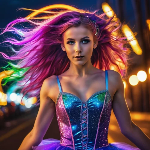 neon body painting,fae,ballerina,artistic roller skating,rapunzel,tutu,colorful,pixie,colorful light,cinderella,violet,purple dress,purple and pink,fantasy woman,violet head elf,dancer,colored lights,purple,electro,bodypaint,Photography,General,Realistic