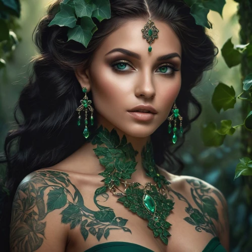 polynesian girl,anahata,celtic queen,dryad,faery,faerie,fantasy portrait,maori,the enchantress,elven,green wreath,polynesian,cleopatra,elven flower,green skin,east indian,poison ivy,adornments,fantasy art,filigree,Photography,General,Cinematic